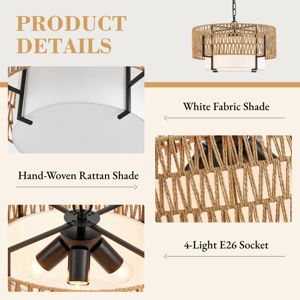 19.8'' Boho Rattan Chandelier 4-Light Rustic Farmhouse Pendant Light Fixture with Fabric Lampshade Drum Chandelier