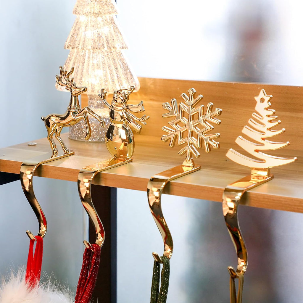 Christmas Stocking Holders for Mantle, Xmas Fireplace Hanger Hooks Metal Grips Clips (Gold)