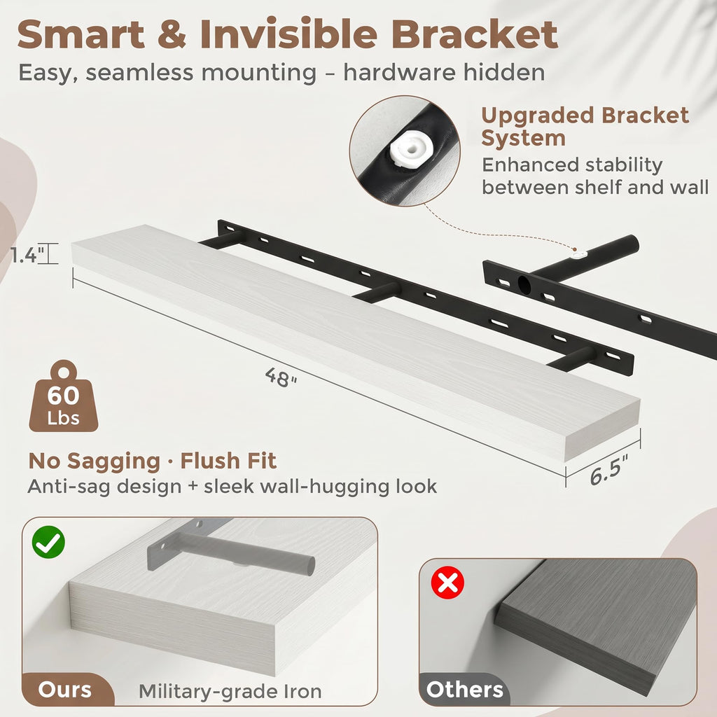 48 Inch Floating Shelves for Wall Set of 2, 6.5" D Wood Gra Shelves with Invisible Brackets, Easy Install Engineered