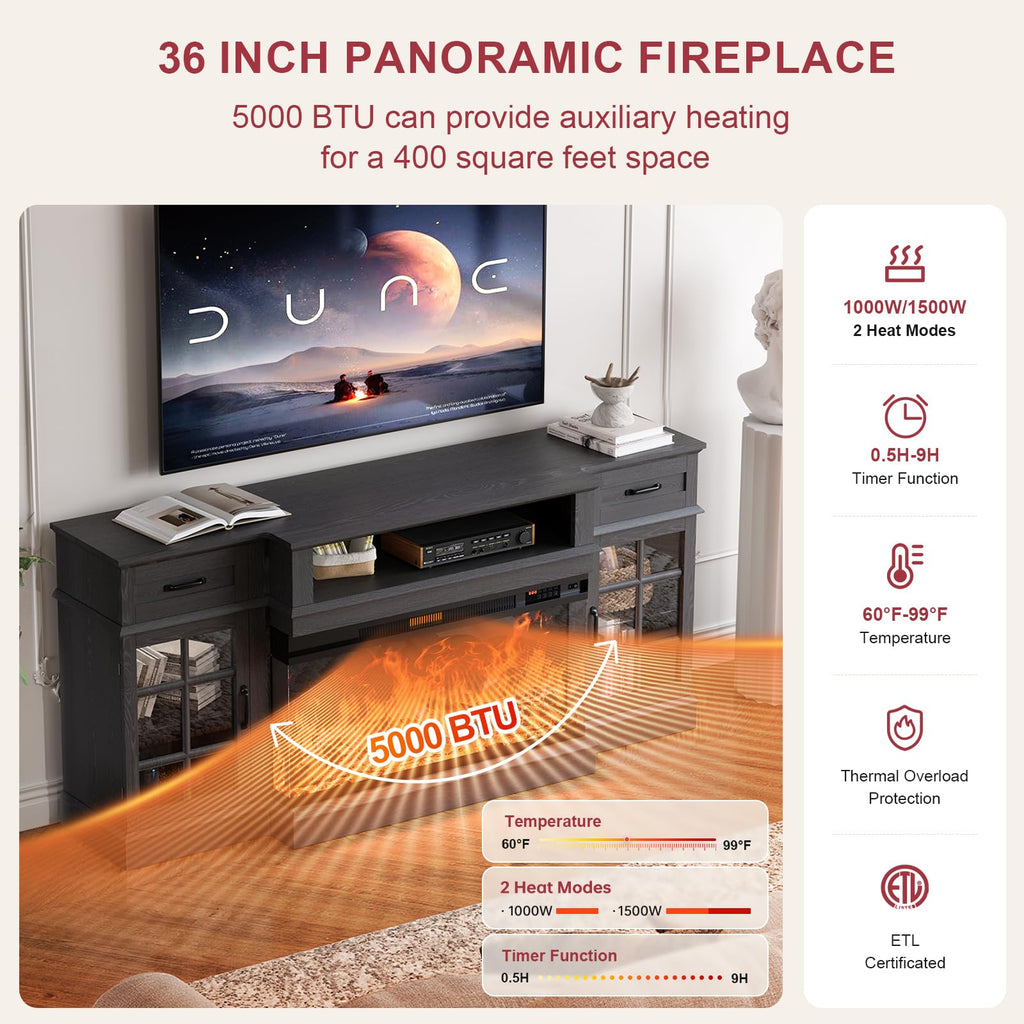 70" TV Stand with 36" Electric Fireplace, Entertainment Center Console Table for TV up to 80'', with Open Storage