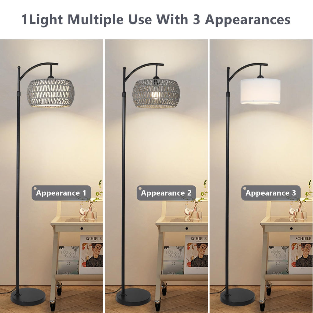 Arc Floor Lamp, Boho Standing Lamp with Remote & LED Smart Bulb, Rattan Floor Lamps with 3 Color Temperatures