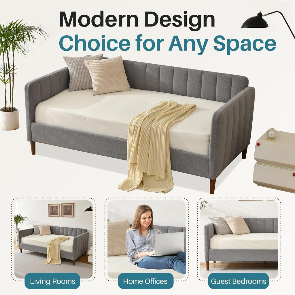 Twin Size Upholstered Daybed with Wood Slat Support,Grey | Daybed Frame , Guest Room/Easy Assemble/No Box Spring