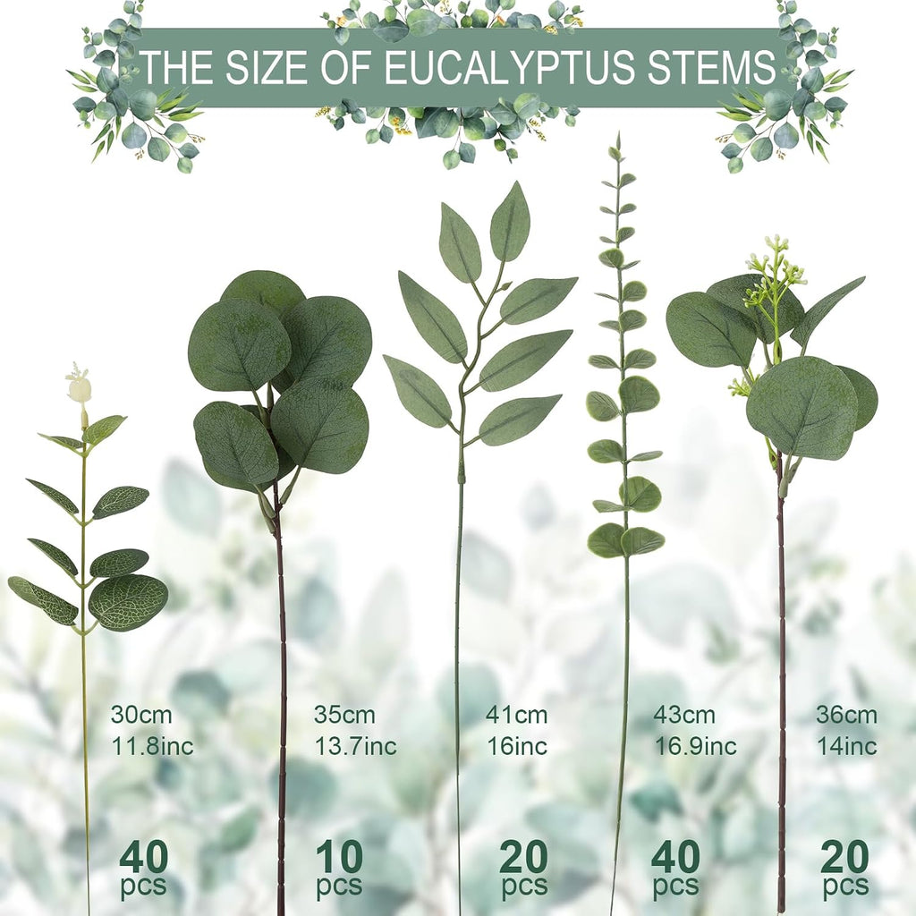 Artificial Mixed Eucalyptus Stems Bulk, 5 Kinds of Faux Greenery Eucalyptus Leaves Bulk for Vase Wedding DIY - Set of 130