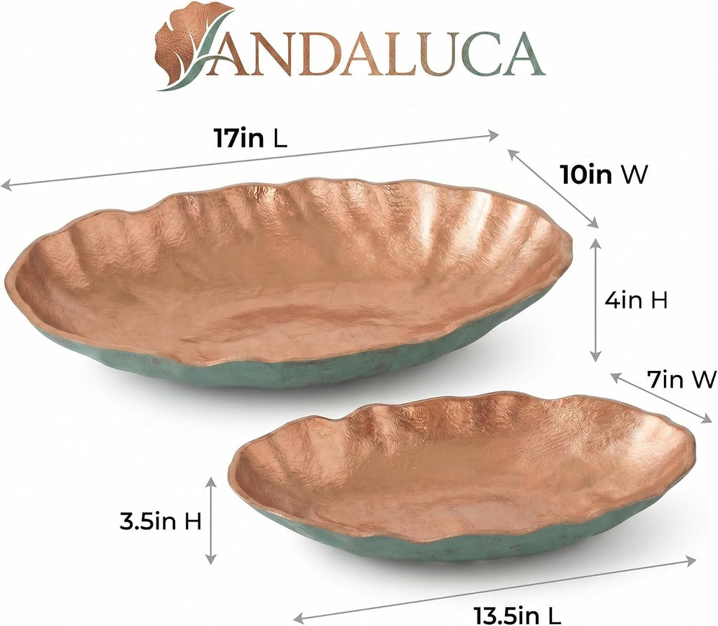 Turquoise Copper Finish Metal Decorative Oval Bowls for Potpourri, Table Decor - Set of 2