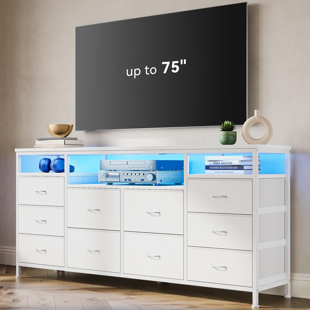 Dresser with LED Lights & Power Outlets, 63 Inch TV Stand Dressers with 10 Fabric Drawers, Entertainment Center with