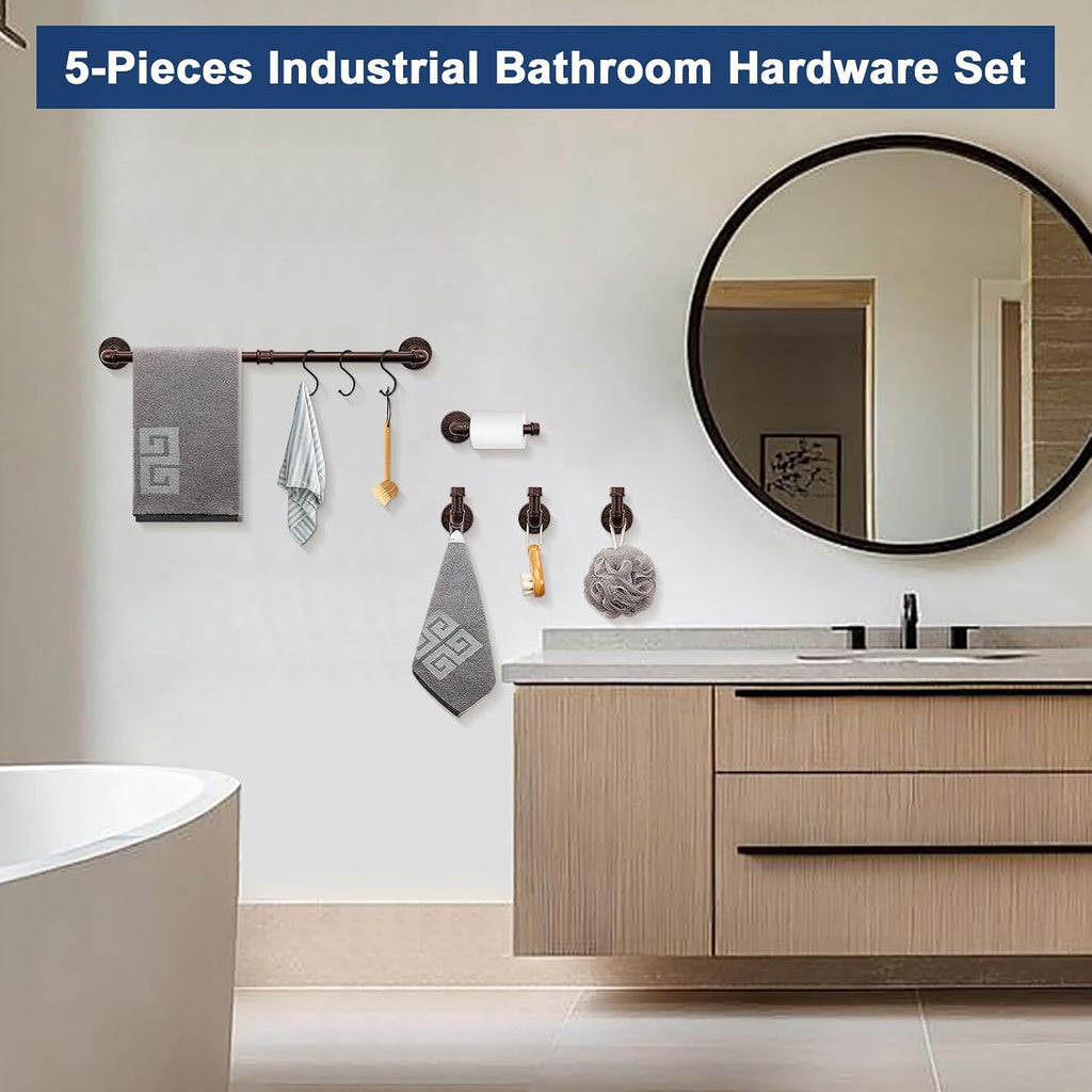 5-Pieces Industrial Pipe Bathroom Hardware Set, Include Towel Bar, Toilet Paper Holder and 3 Robe Hooks, Heavy Duty