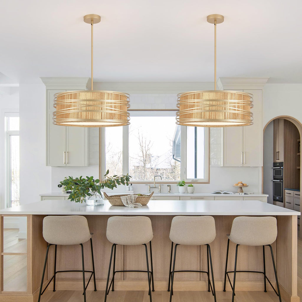 5-Light Rattan Drum Chandelier 19.7'' Boho Gold Pendant Light