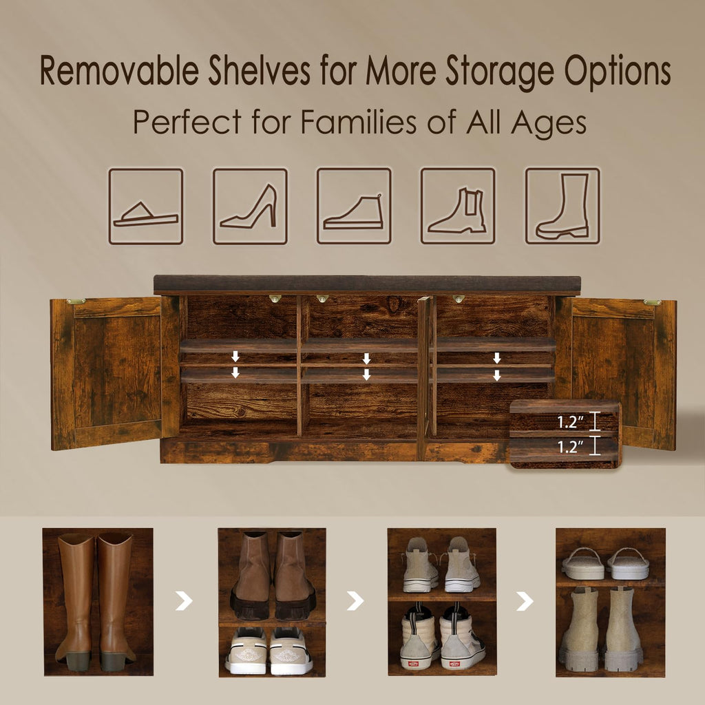 Shoe Storage Bench with Cushion, Door, Rustic Brown 39.4"LX17.7"H