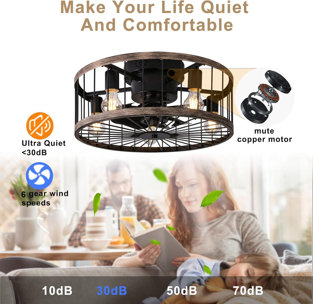 20 Inch Caged Ceiling Fan with Lights and Remote, Low Profile Bladeless Ceiling Fan with Rustic Wood Color Edge