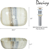 Davivy 18.3"×13" Marbling Rectangle Bathroom Vessel Sink with Pop Up Drain,Nordic Ceramic Vessel Sinks,Bathroom Sinks