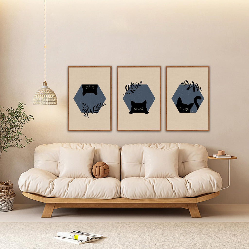Boho Black Cat Framed Canvas Wall Art, Abstract Cute Animal Wall Decor, Modern Funny Kitty Painting, Beige Dark Leaves