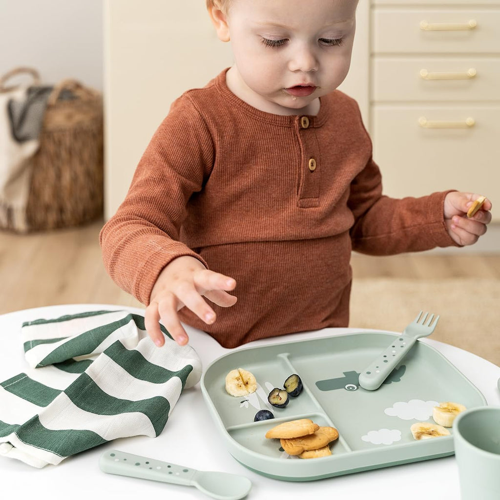 By Deer Foodie compartment plate - Croco - Green - Baby & Toddler Plate with 3 Sections - Non-Slip Base - BPA-Free