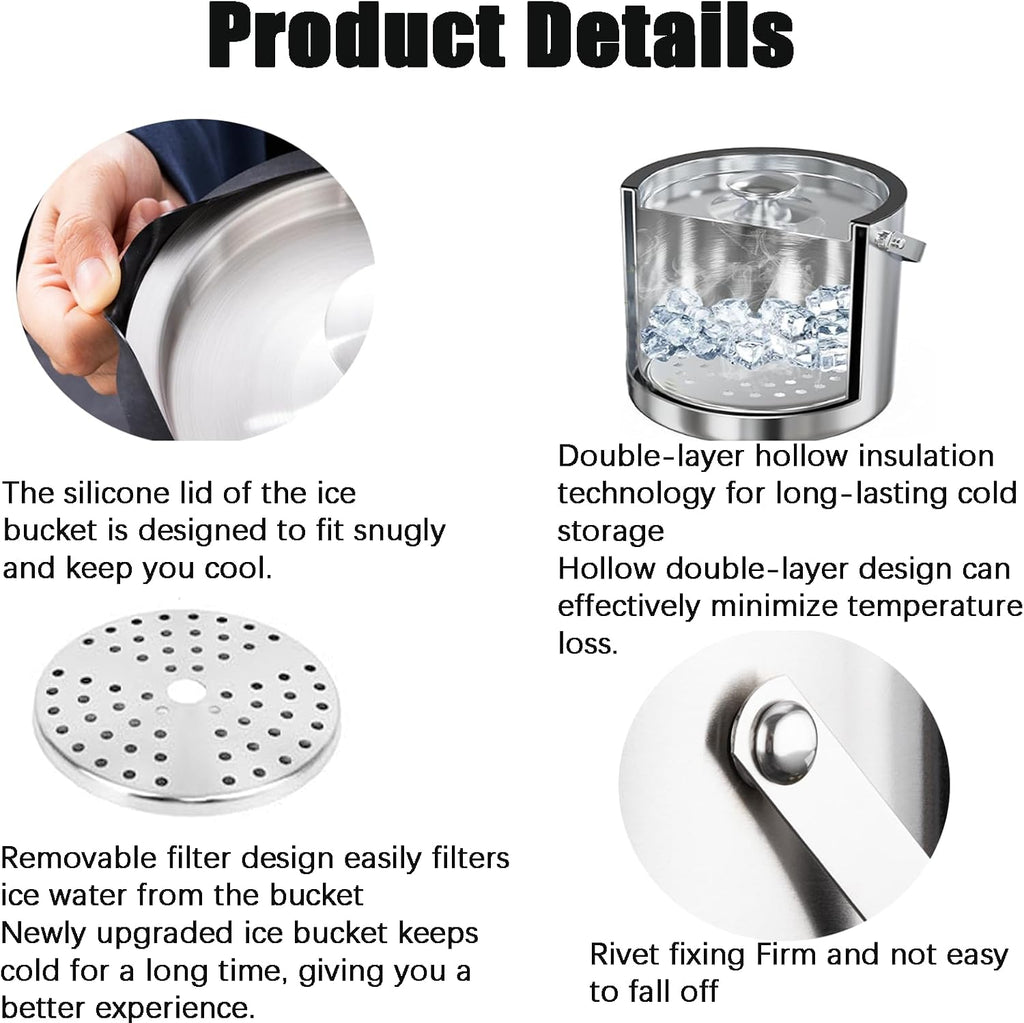 3L Double-Wall Insulated Ice Bucket with Lid, Ice shovel &Tongs and Strainer, Stainless Steel Ice Bath Tub