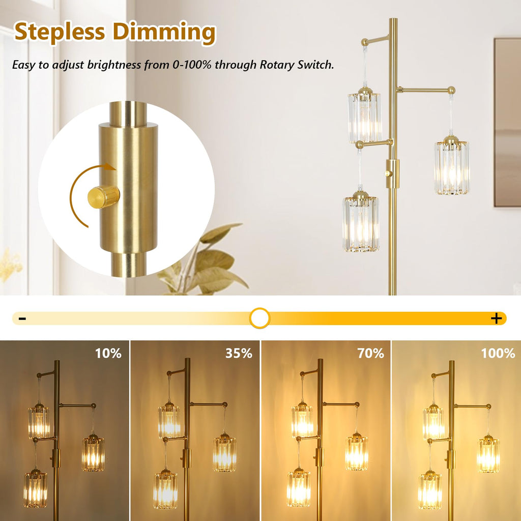 Gold Crystal Floor Lamps, Dimmable 3 Lights Modern Standing Lamp with Crystal Shade, Dimmer Switch, 65" Industrial