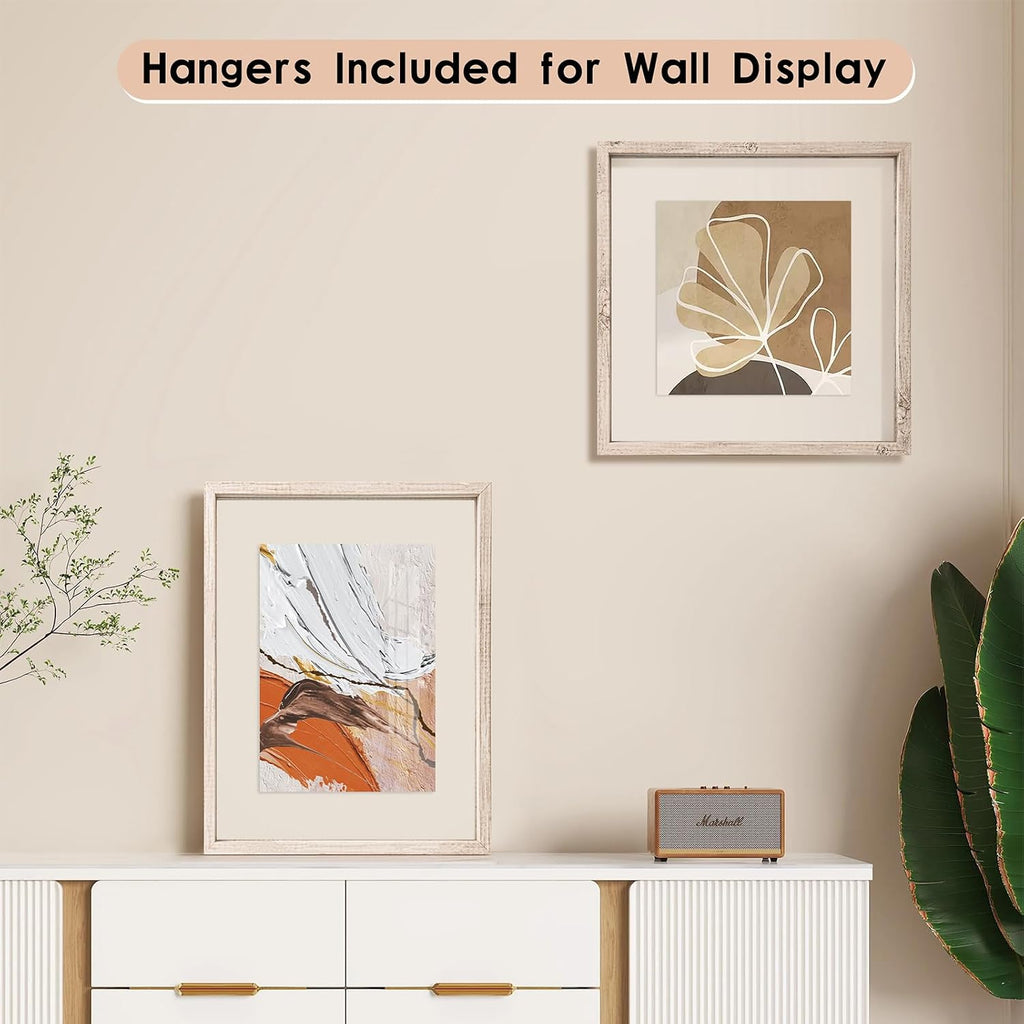 11x14 Floating Frames Distressed Beige White Wood Pattern,Double Glass Picture Frame Set of 2 Display Any Size Photo