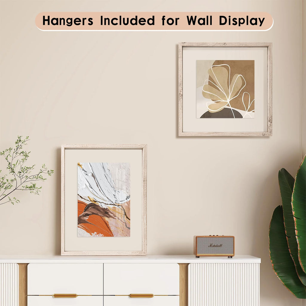 10x10 Floating Frame Distressed Beige White Wood Pattern, Double Glass Square Picture Frame Display Any Size Photo up