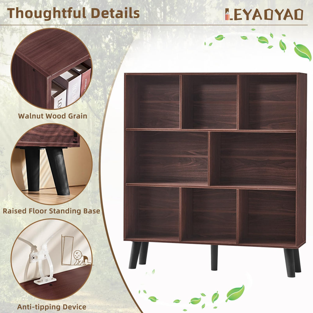 8 Cube Bookshelf, Mid-Century Modern Book Shelf with Legs, Walnut