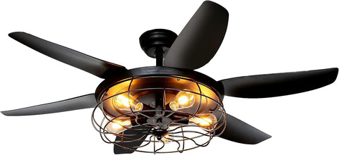 Ceiling Fans with Lights and Remote - 52 Inch Farmhouse Ceiling Fan with Caged Light Fixture - Black Industrial