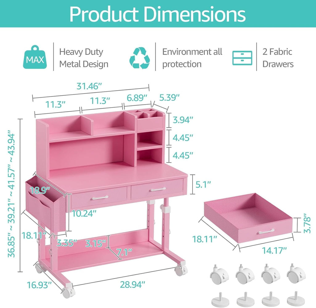 Pink Kids Desk with Hutch, 32" Height Adjustable Mobile Rolling Girls Desk