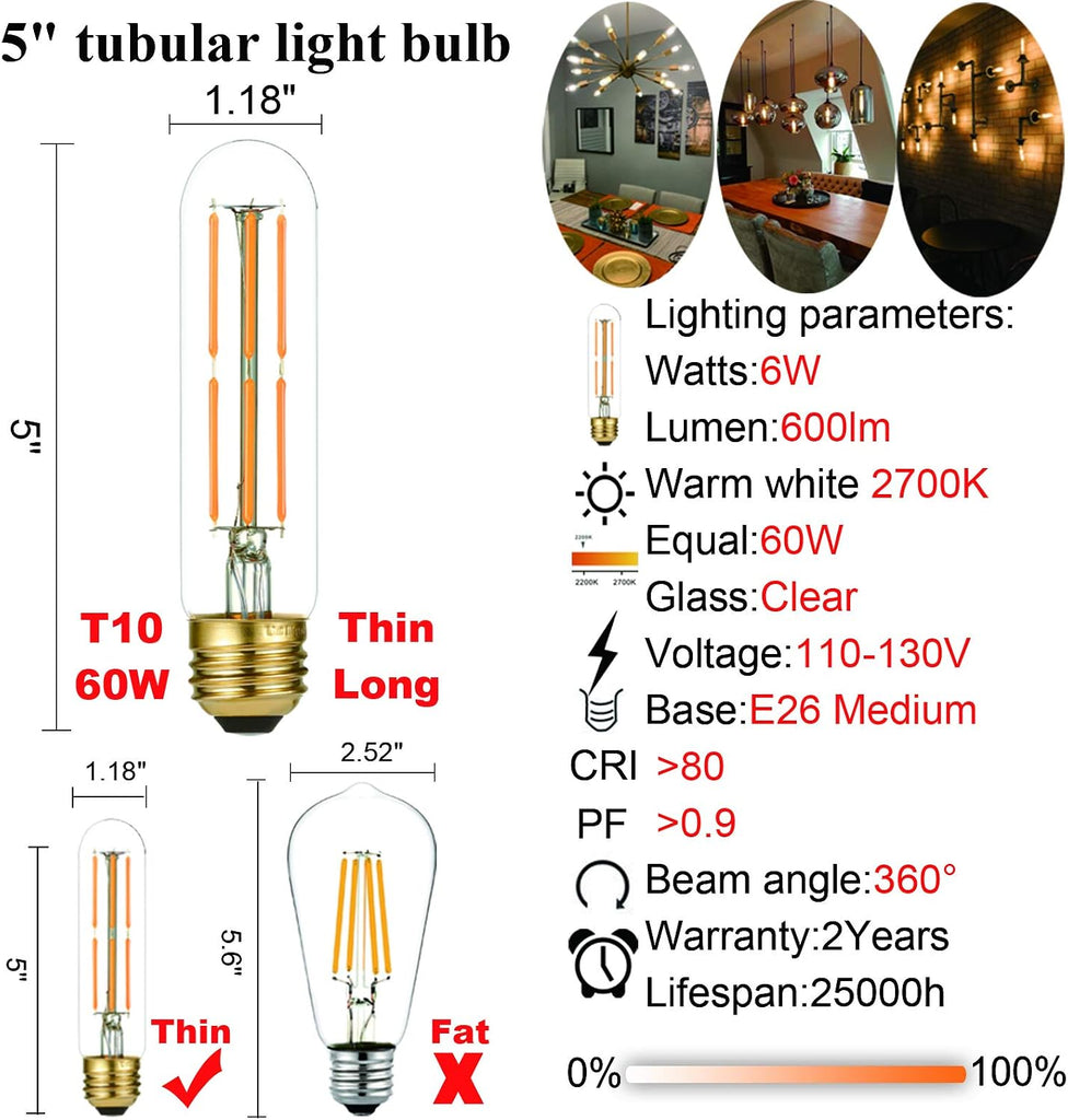 T10 E26 Led Bulb 60 watt,Dimmable,Soft White Light Bulbs,2700K