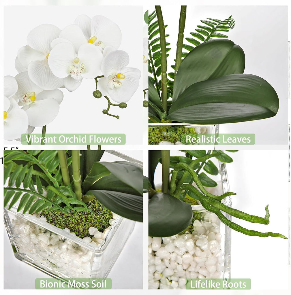 White Orchids Artificial Flowers 16.1" Faux Orchids Plant in Pot Fake Flower Arrangements with Glass Vases Small - Set of 7