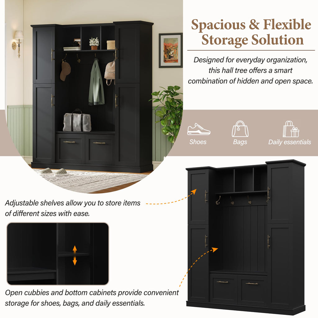 Farmhouse Elegant Hall Tree with Bench, 4 Side Cabinets, Adjustable Shelves & Open Cubbies, Beadboard Entryway Bench
