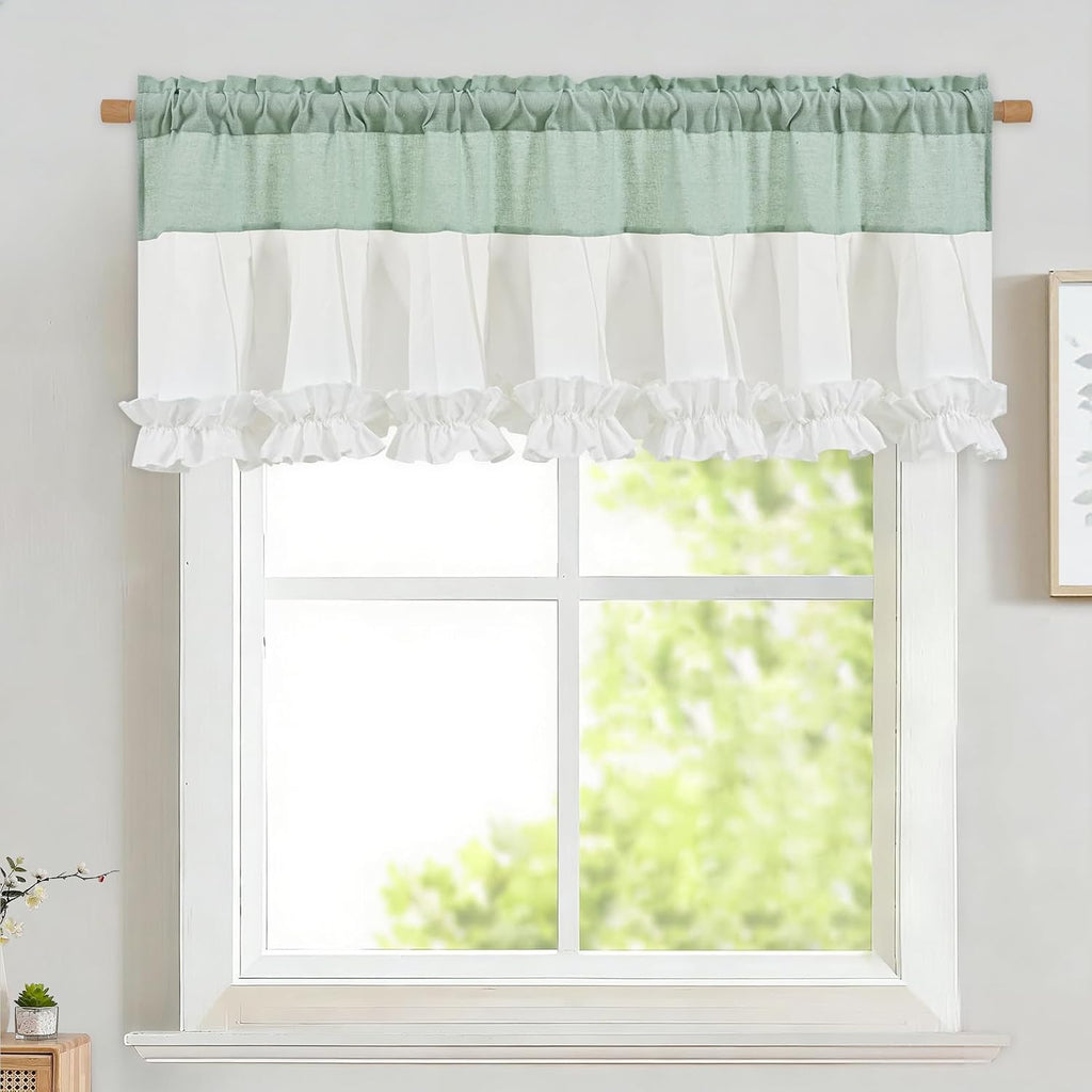 Teal and White linen ruffle valance for windows - Casa Home Living