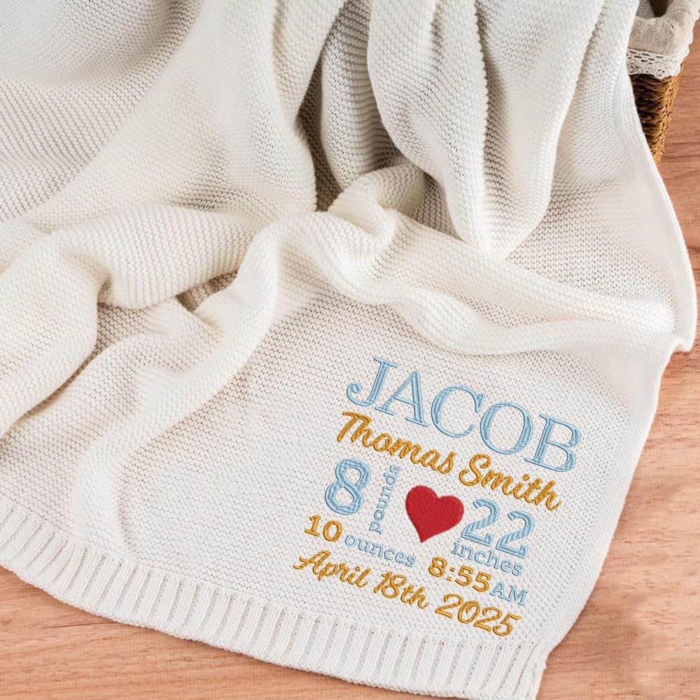 Luxury Personalized Baby Blanket with Birth Stats Embroidered, Custom Name, Date, Weight, Length, Soft Knit 100%