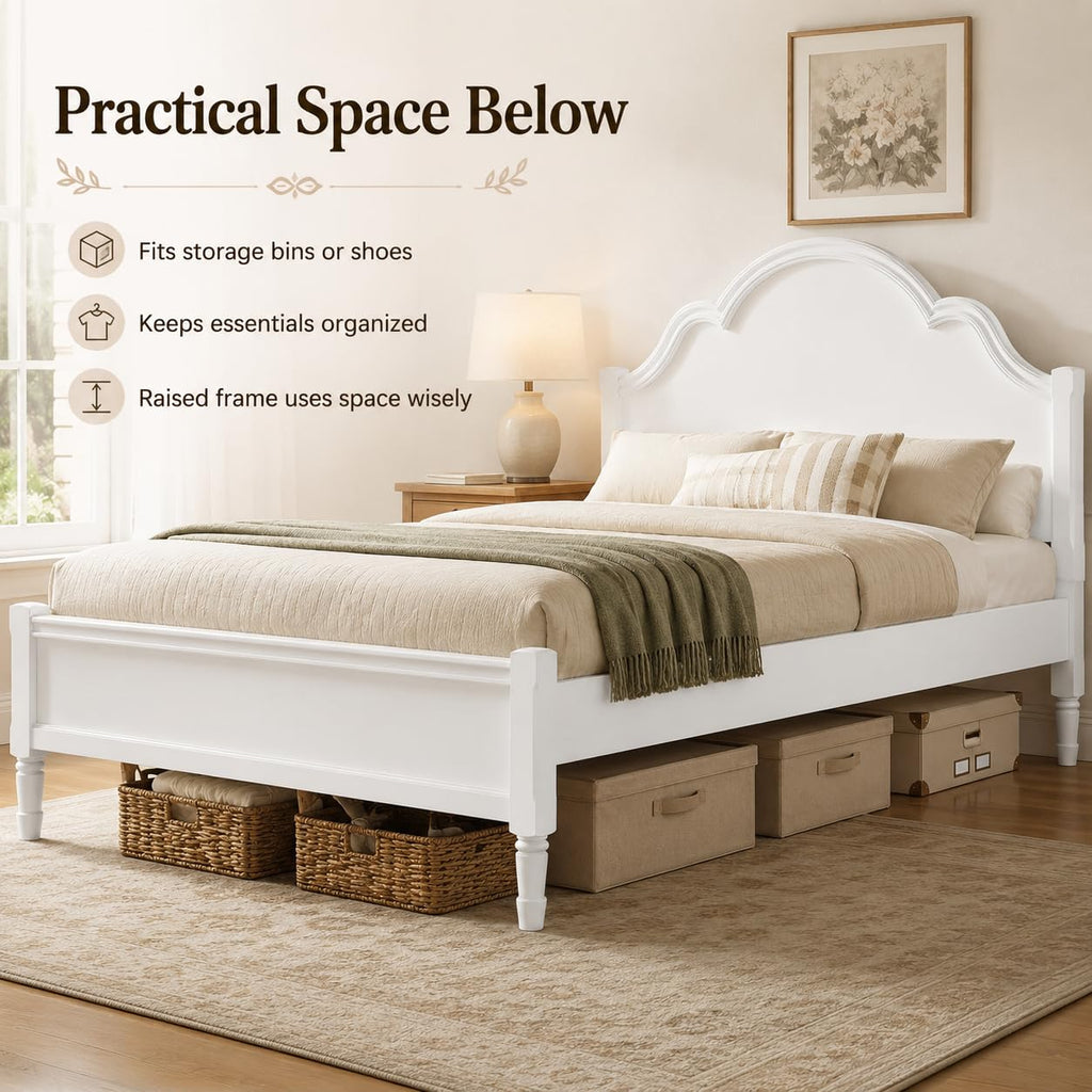 Vintage Bed Frame with Arched Headboard, White Wood Bedframe
