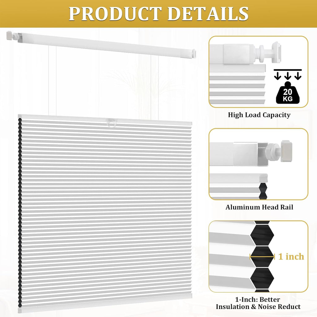 No Drill Top Down Bottom Up Cellular Shades, | White Cordless Blackout Honeycomb Blinds for Indoor Windows, Thermal