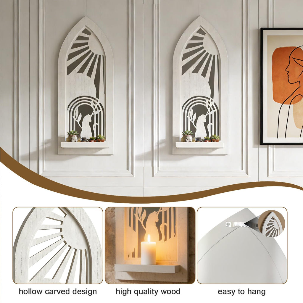 2 Set Rustic Candle Sconces Living Room Bedroom Entryway Wood Mirrored, Farmhouse, Carved Frame Wall-Mount Wooden