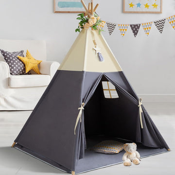Teepee Tent for Kids, 100% Cotton Play Tent with Mat, Kids Teepee Tent with Colored Flag, Quality Portable Play Tent