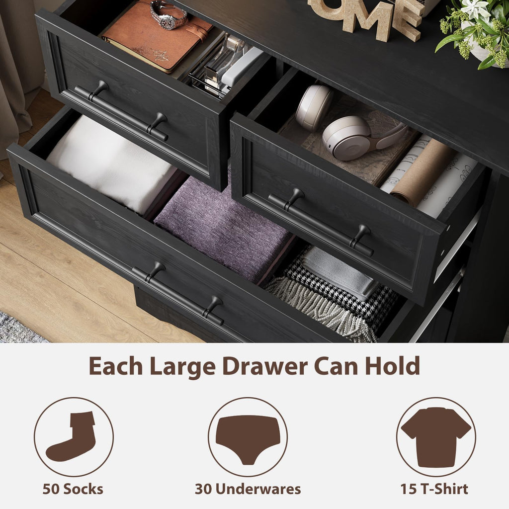 Black 6 Drawer Dresser, 44" Tall Chest of Drawers