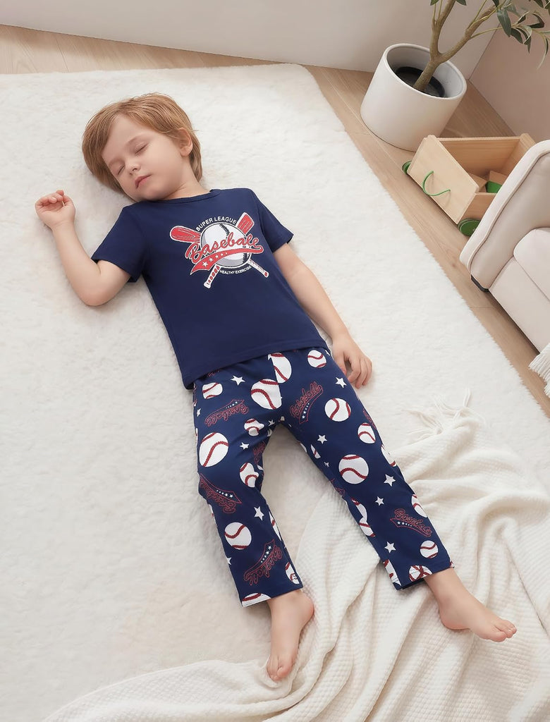 Boys Pajamas 3 Piece Summer Sleepwear Soft Short Sleeves Shorts Set & Long Pants Cool PJs