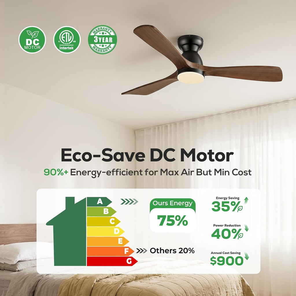 60 Inch Flush Mount Ceiling Fan with Light, Low Profile Smart Ceiling Fan with 3 Solid Walnut Wood Blades, Dimmable LED, Reversible Quiet DC Motor, Alexa App & Remote Control, Indoor Outdoor, Dark Walnut