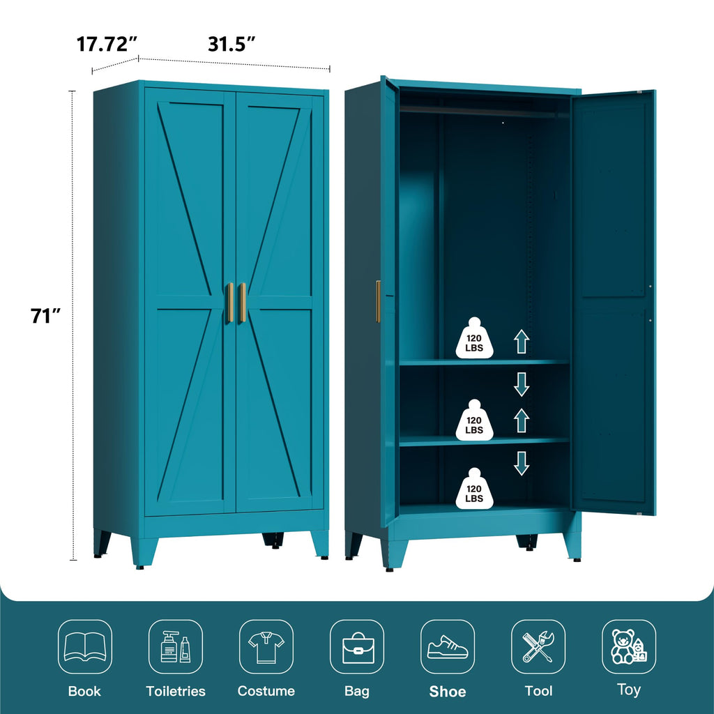 71" Tall Metal Wardrobe Closet with Adjustable Shelves and Hanging Rod, 2 Doors Free Standing Armoire Wardrobe