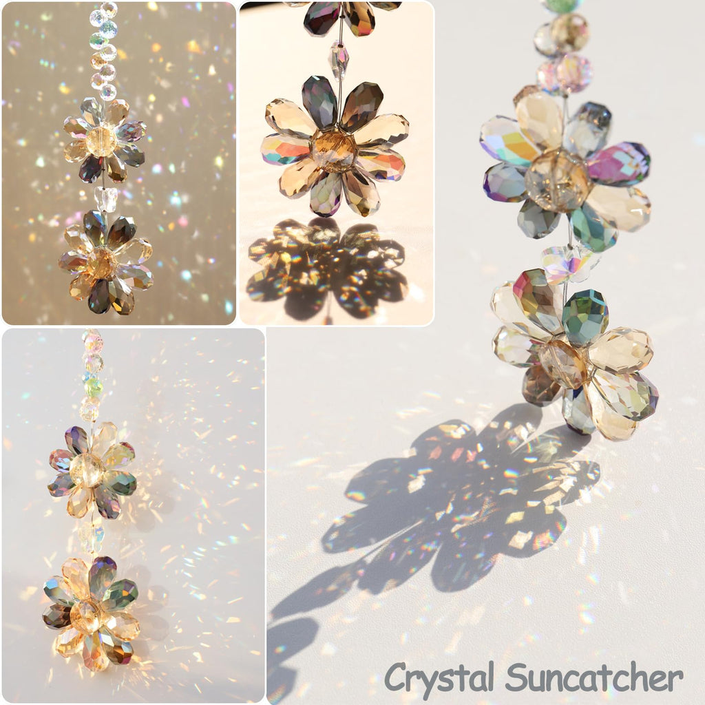 Crystal Flower Suncatcher Hanging Ornament, Window Indoor Outdoor Patio Garden Decor (Deep Multicolor)