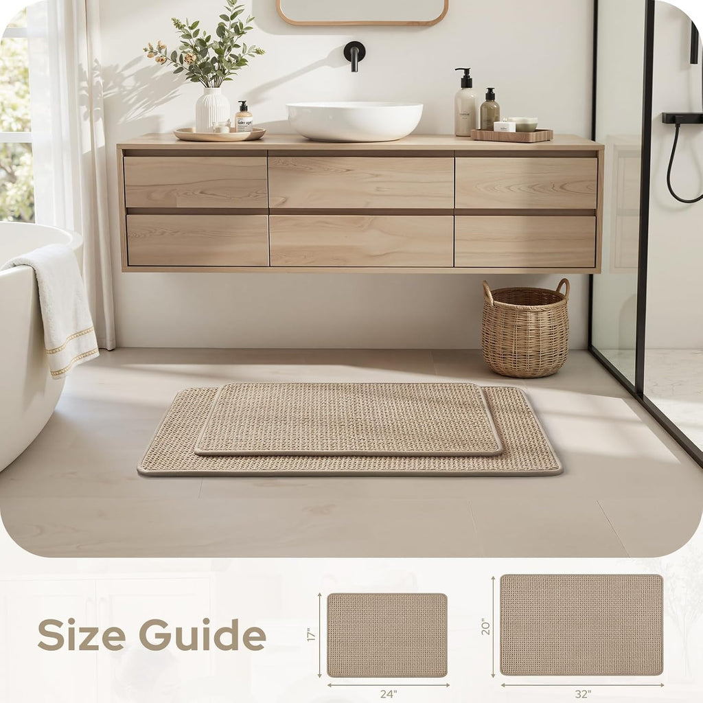 Bathroom Rugs Set 2 Piece Thin Non Slip, Beige 17"x24"+20"x32" | Rubber Backed, Absorbent Quick Dry Bath Rugs, Low