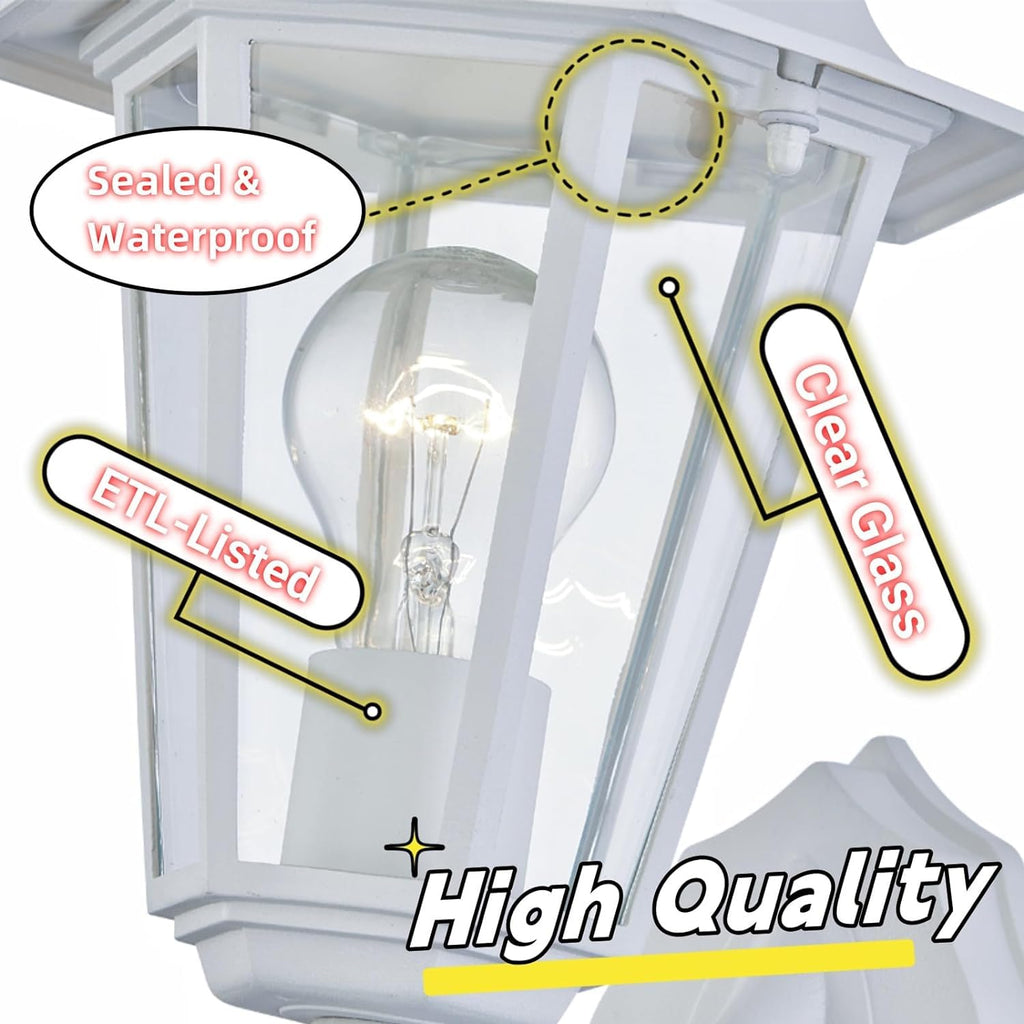 2 Pack Outdoor Wall Light, White Wall Sconce Porch Lighting Fixture, E26 Base 60W Max, Metal Housing Plus Glass, Wet