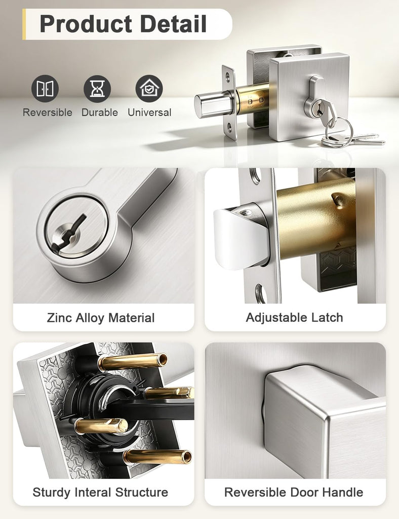 3 Pack Brushed Nickel Passage Door Lever with Single Cylinder Deadbolt, Exterior Square Door Handle with Deadbolt