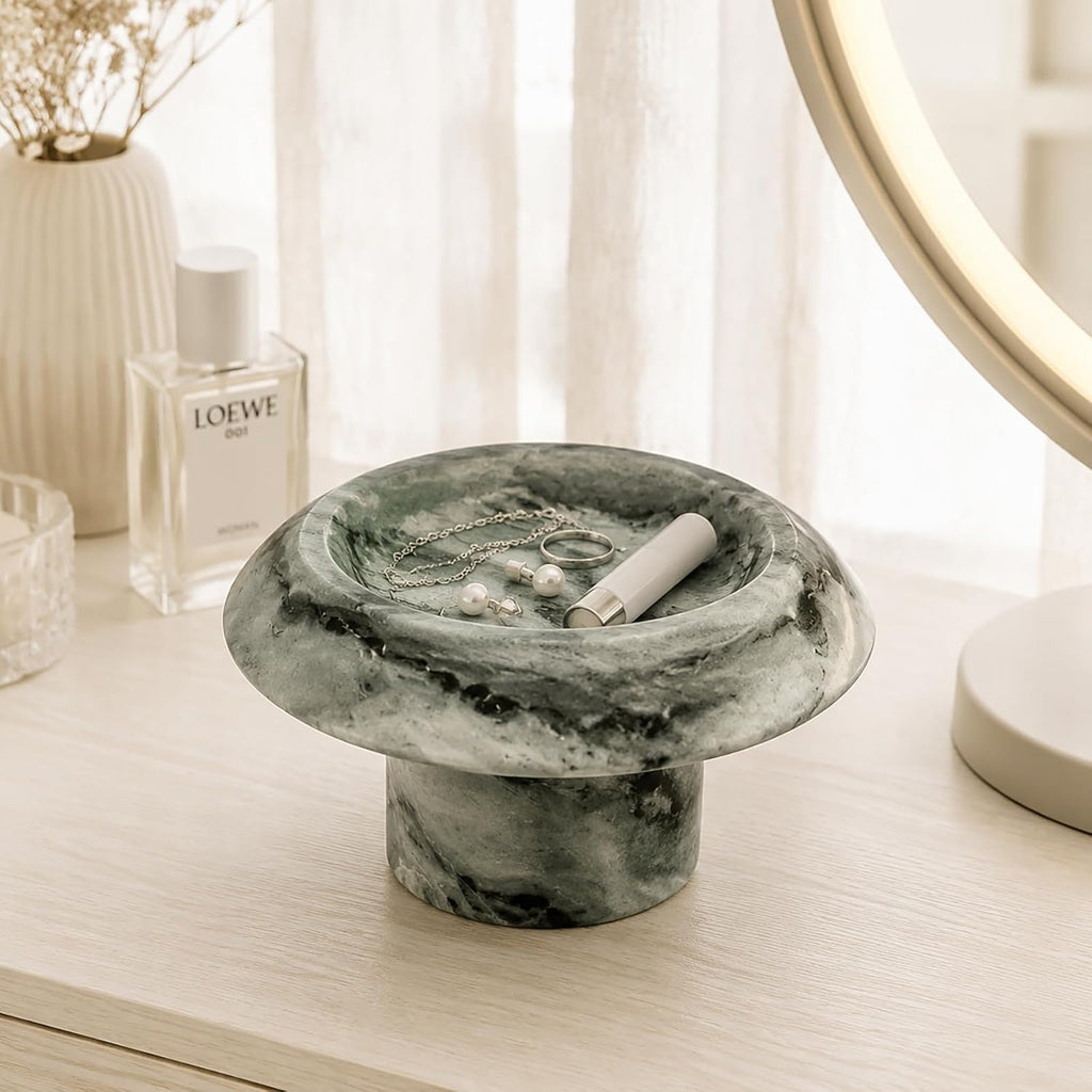 Green Natural Marble Mushroom Pedestal Tray 6.69" x 6.69" x 3.94", Decorative Footed Stone Bowl, Catchall Tray for