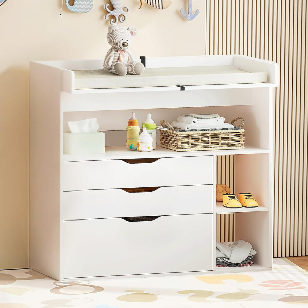 Baby Changing Table Dresser with 3 Drawers and 3 Storage Shelves, Can be Used as a Baby Dresser with Changing Table