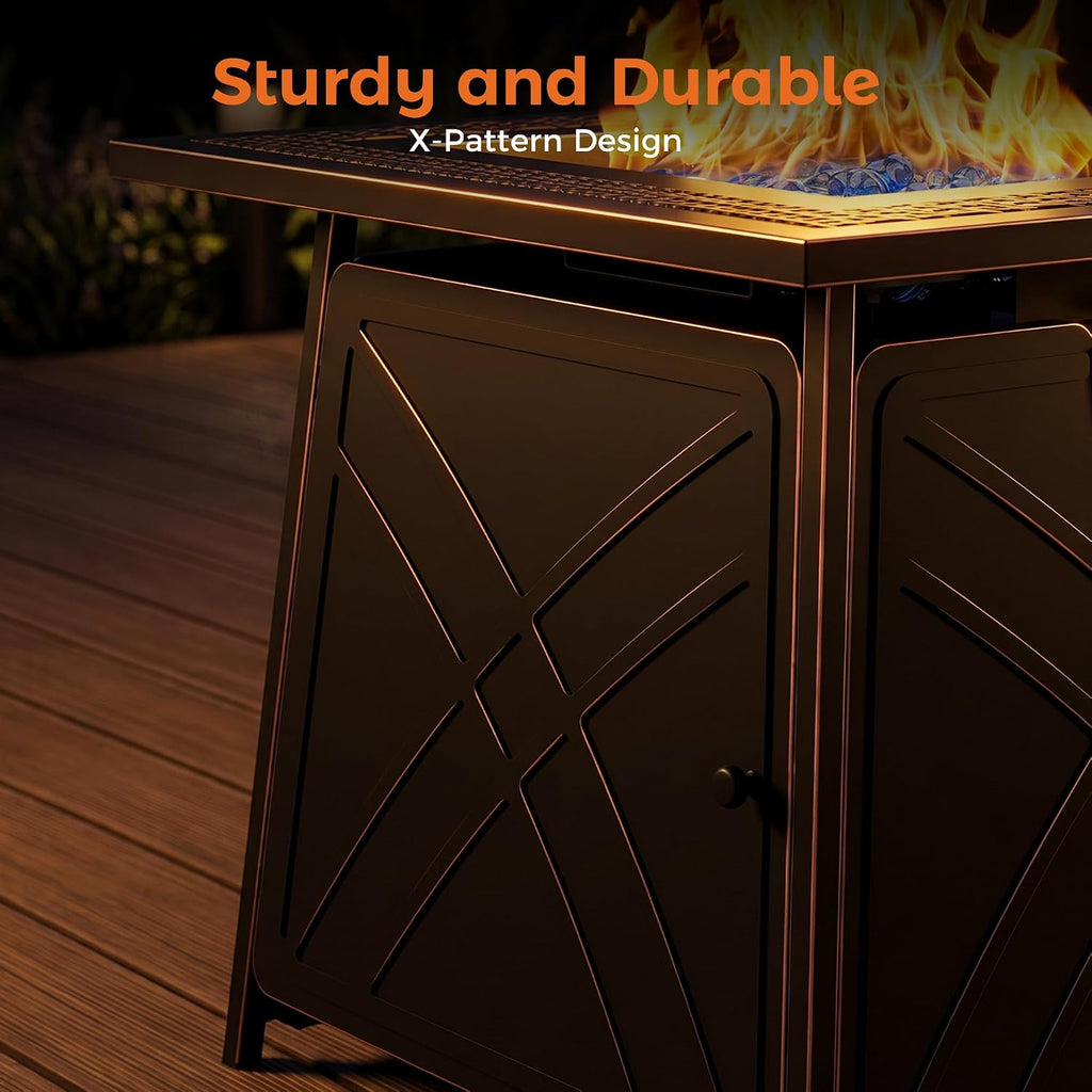 Gas FirePit Table | 28 inch 50,000 BTU Square Outdoor Propane Fire Pit Table with Lid and Blue Fire Glass