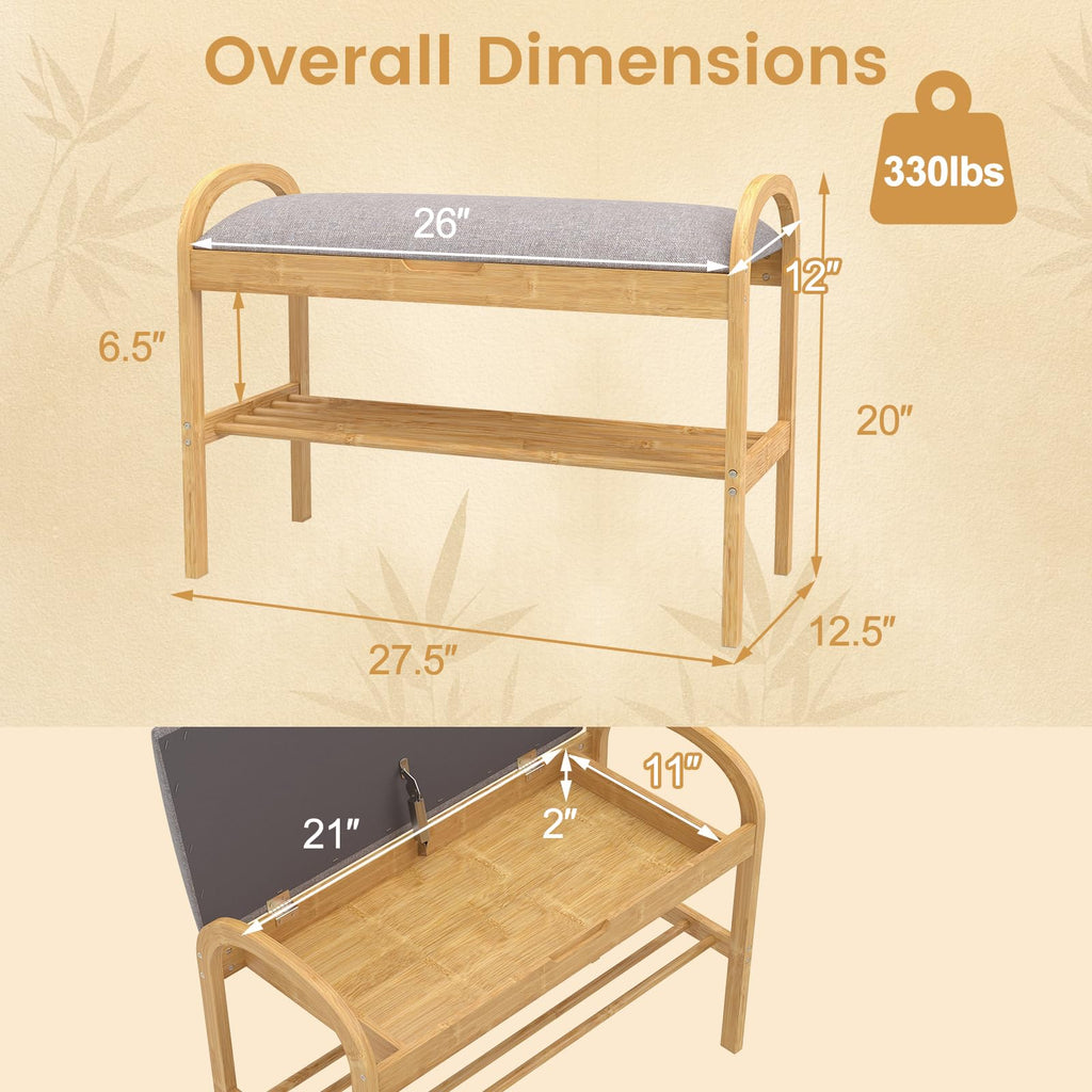 Bamboo Shoe Rack Bench with Storage, 2-Tier Entryway Bench with Flip Top Storage and Padded Seat Cushion, Shoe Rack