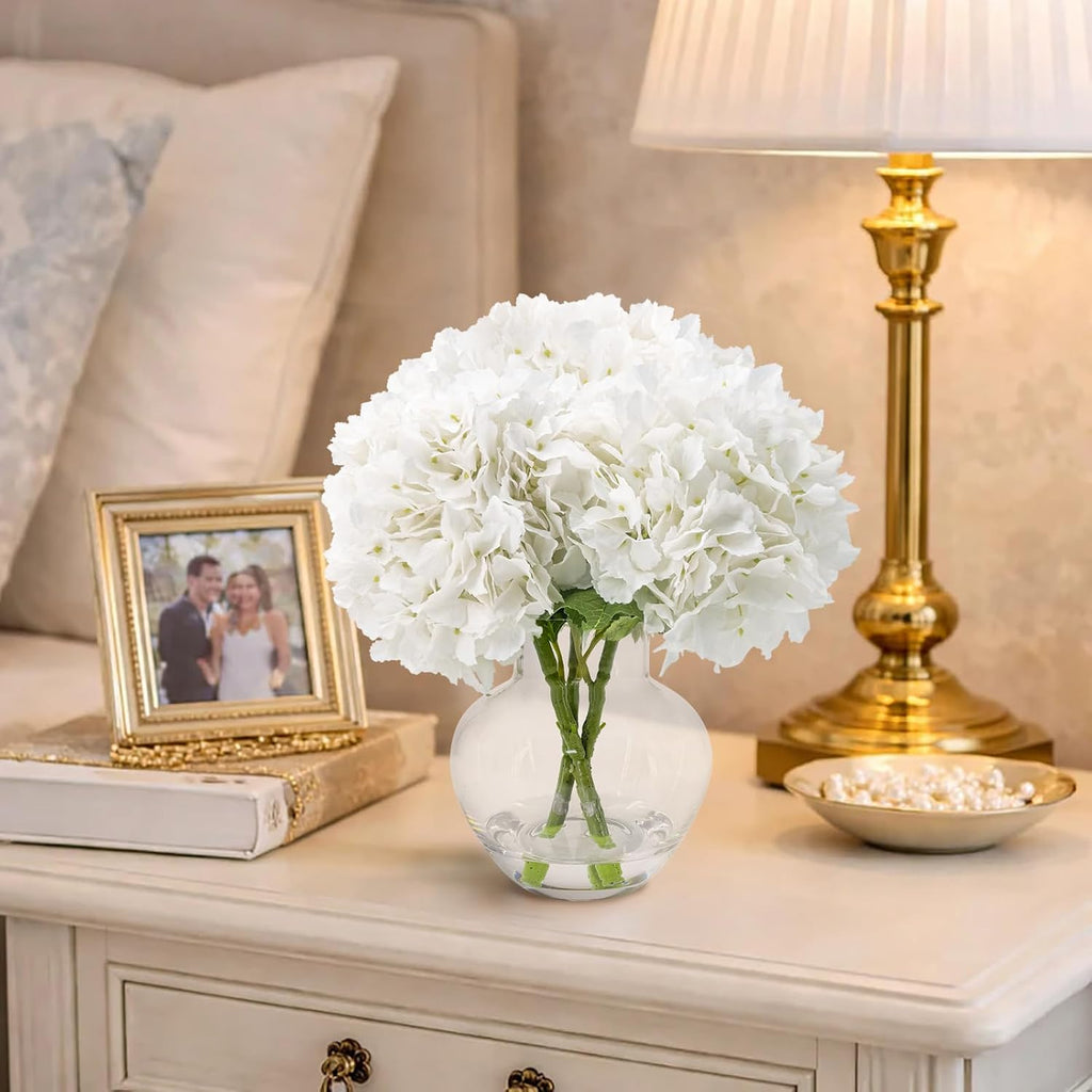 Hydrangea Artificial Flowers with Glass Vase, Real Touch FauxHydrangea Arrangement with Faux Water, Ready-to-Display