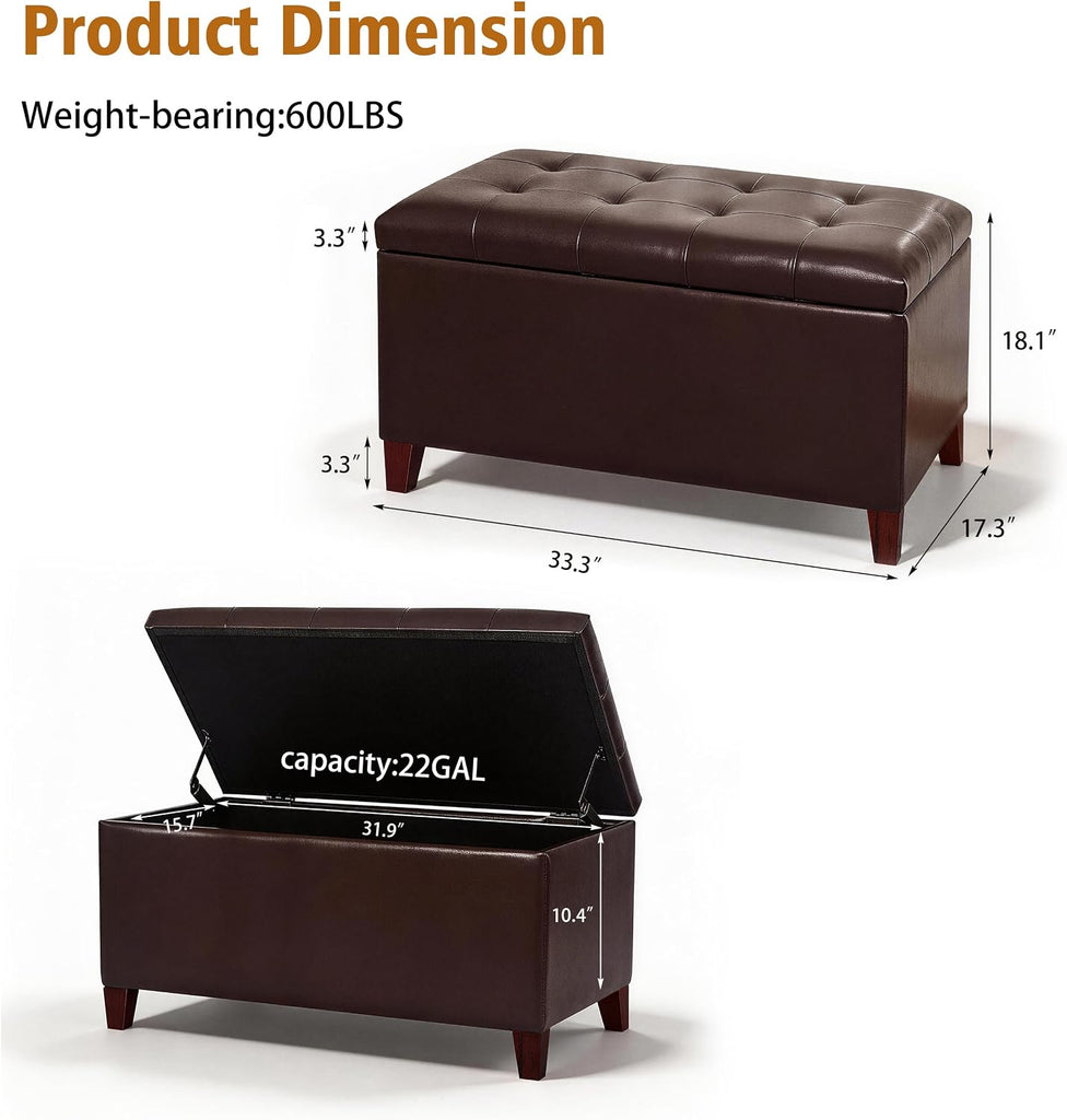 Storage Ottoman Bench, 33 Inches Faux Leather Rectangle Tufted Foot Stool for End Foot of Bed, Bedroom, Living Room