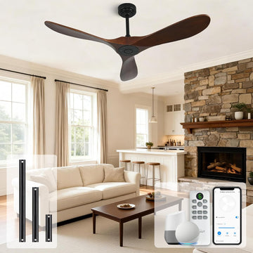 Inspired Maverick Style Smart Ceiling Fan no Light, 52 Inch Outdoor Ceiling Fan Without Light, Compatible - Walnut