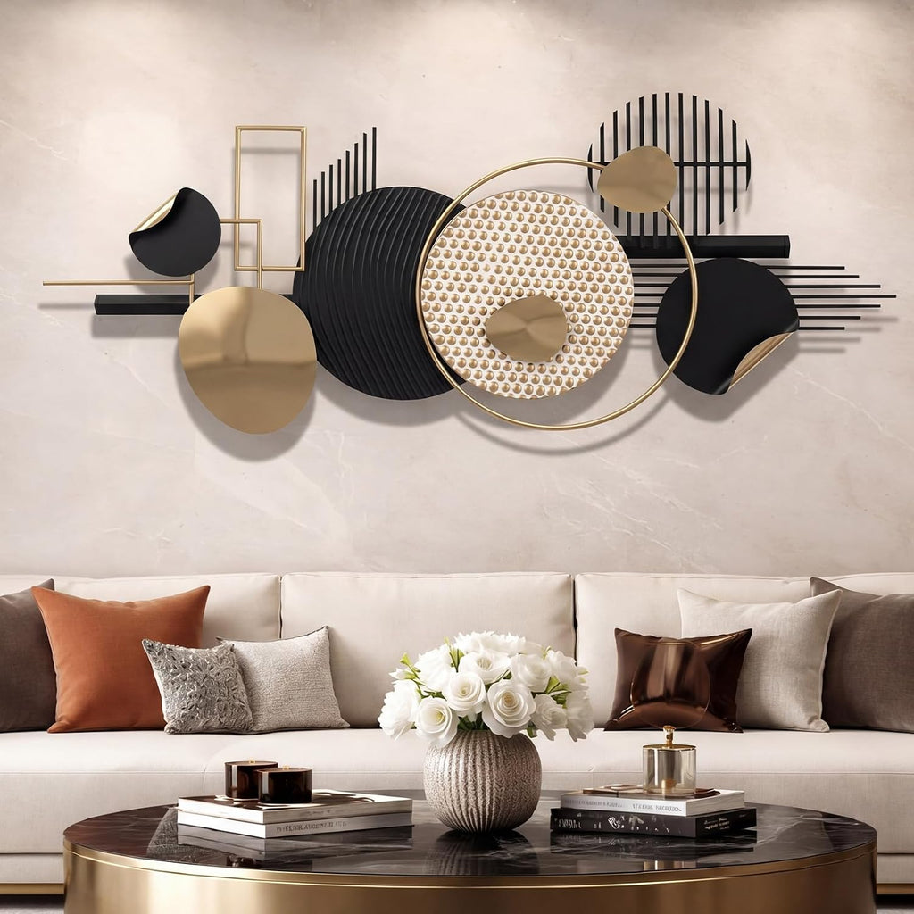 Large Black and Gold Metal Wall Art Decor, Abstract Geometric Metal Wall 3d Decor, 59"x20" Modern Boho Gold and Black