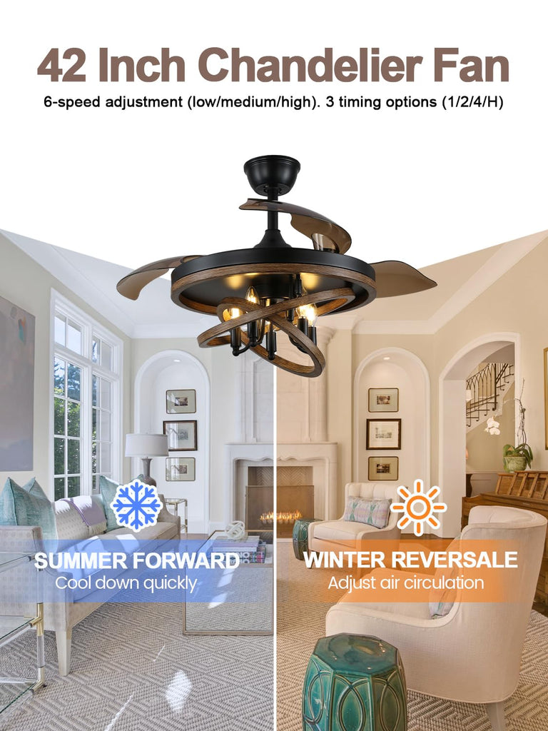 42" Retractable Chandelier Ceiling Fan with Light Rustic Farmhouse Ceiling Fan