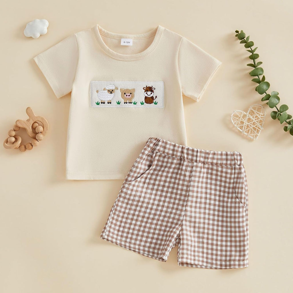 Toddler Baby Boy Summer Outfits 12 18 Boys Clothes Retro Farm Shirt Baby Tee + Shorts Set